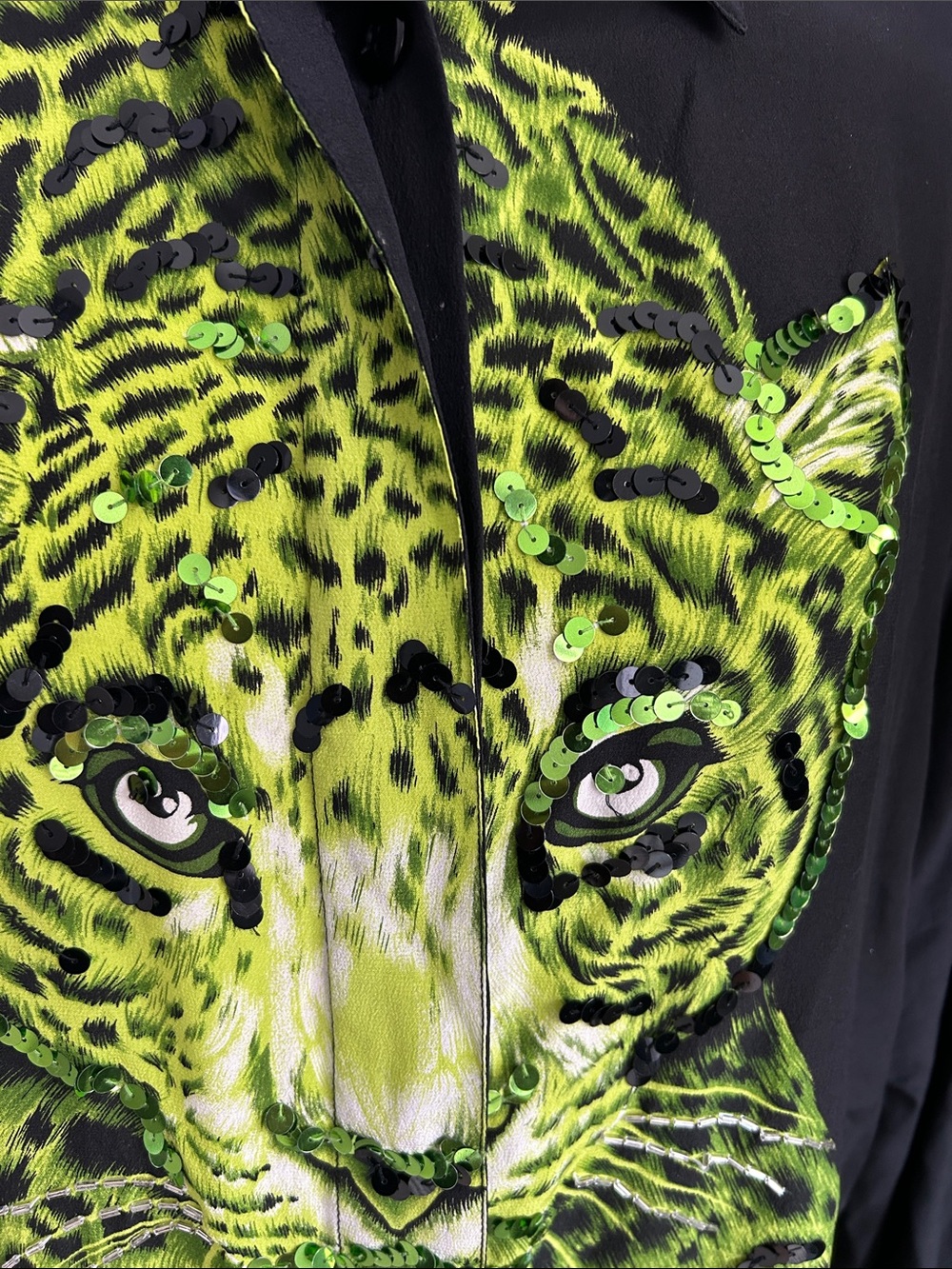 Vintage Diane Gilman neon green silk, a leopard sequin button down blouse M - Picture 6 of 13